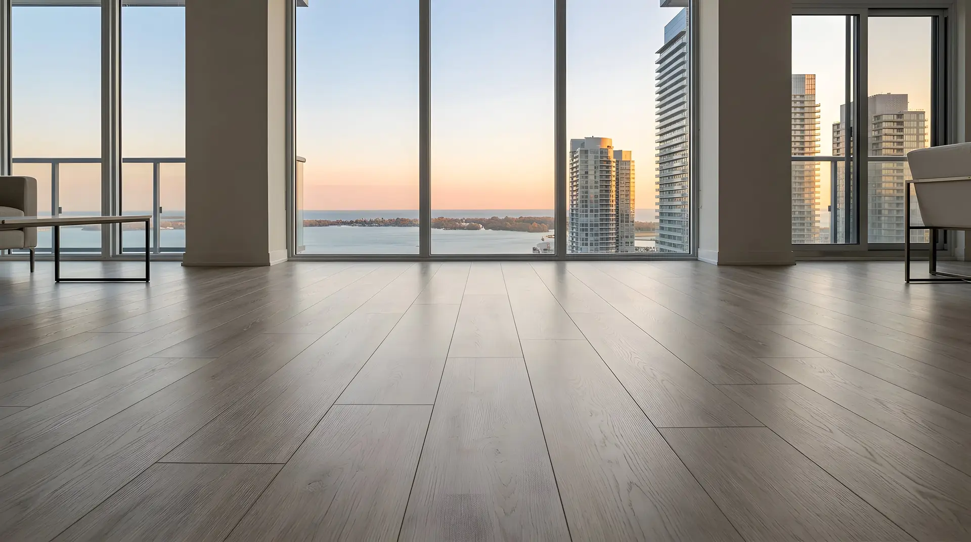 A bright condo unit with new flooring and floor-to-ceiling windows overlooking the waterfront