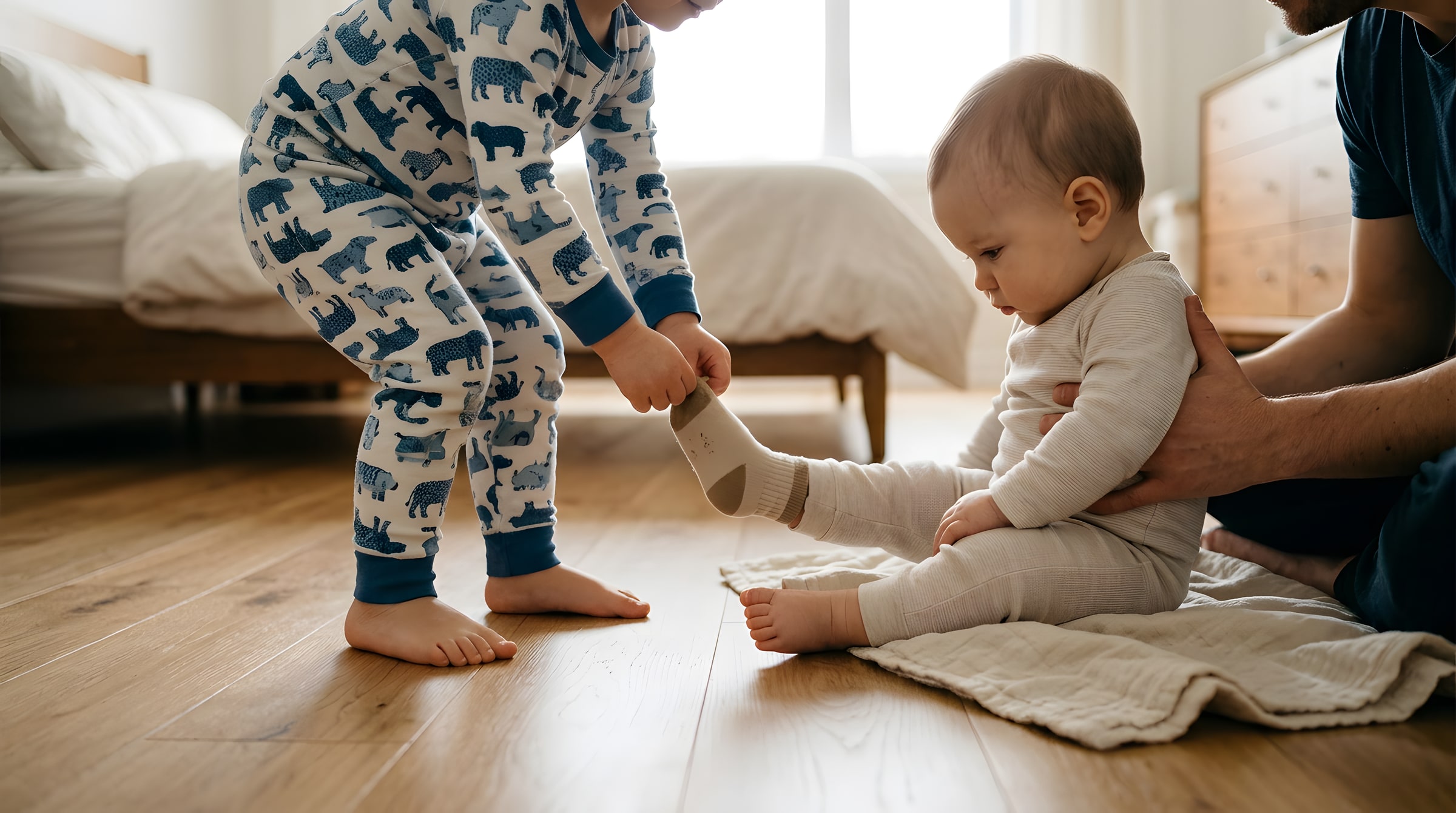 A toddler playfully pulling a seated baby's sock on a warm wood floor