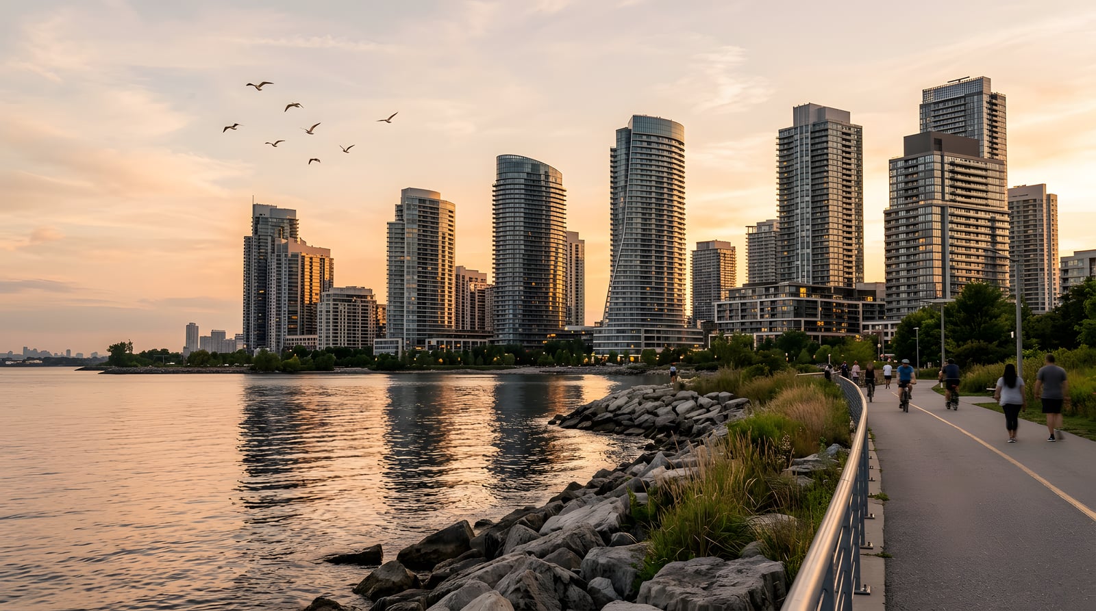 Humber Bay waterfront condo towers at golden hour, Lake Ontario in frame