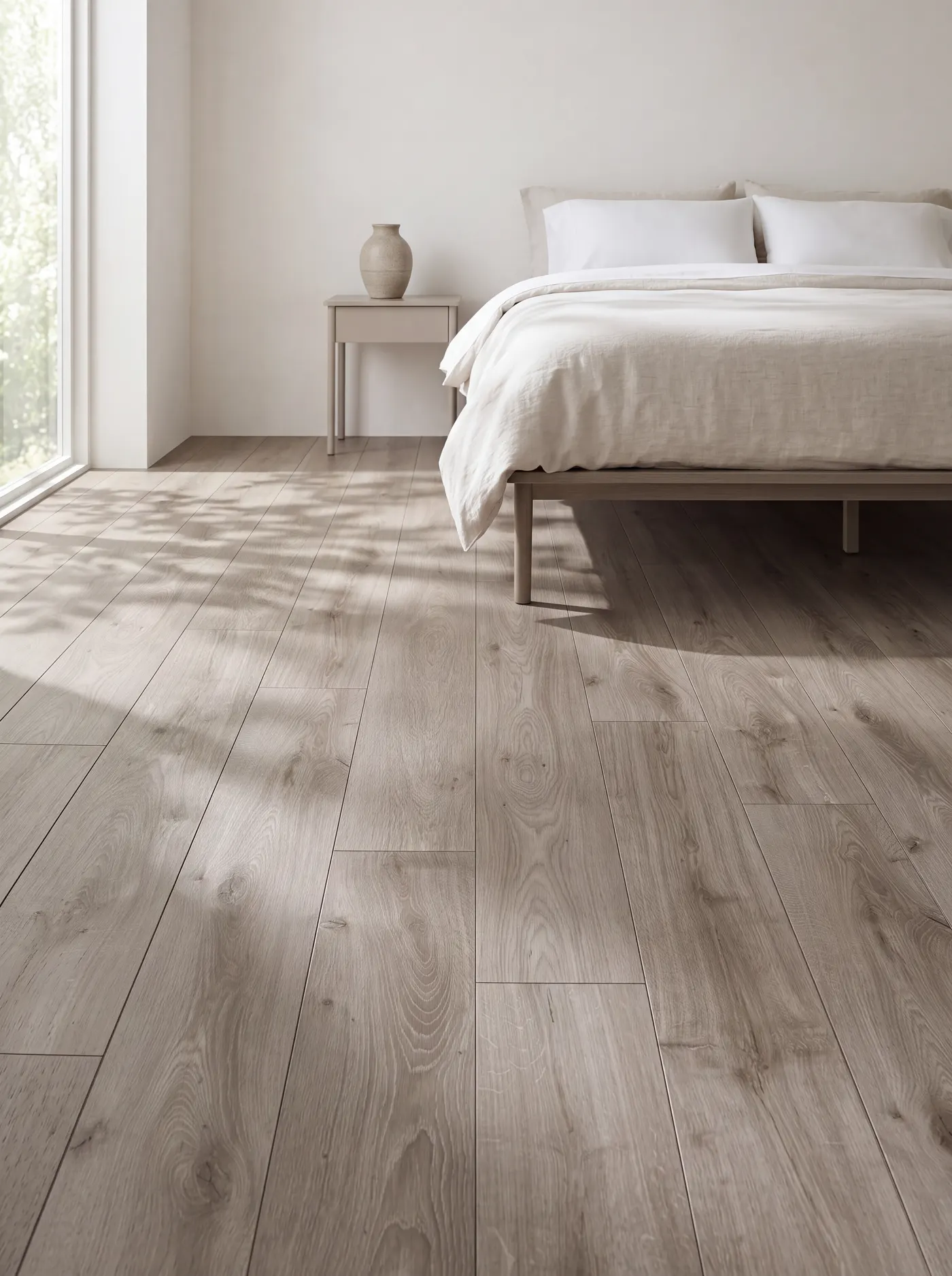 Character-grade oak flooring in a sunlit living room